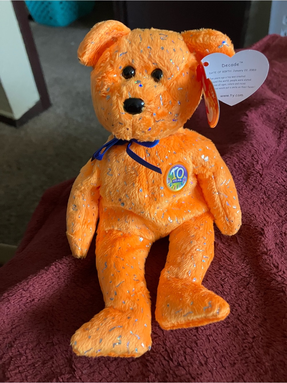 Ty Orange Glitter 'Decade' Beanie Bear with Blue Ribbon